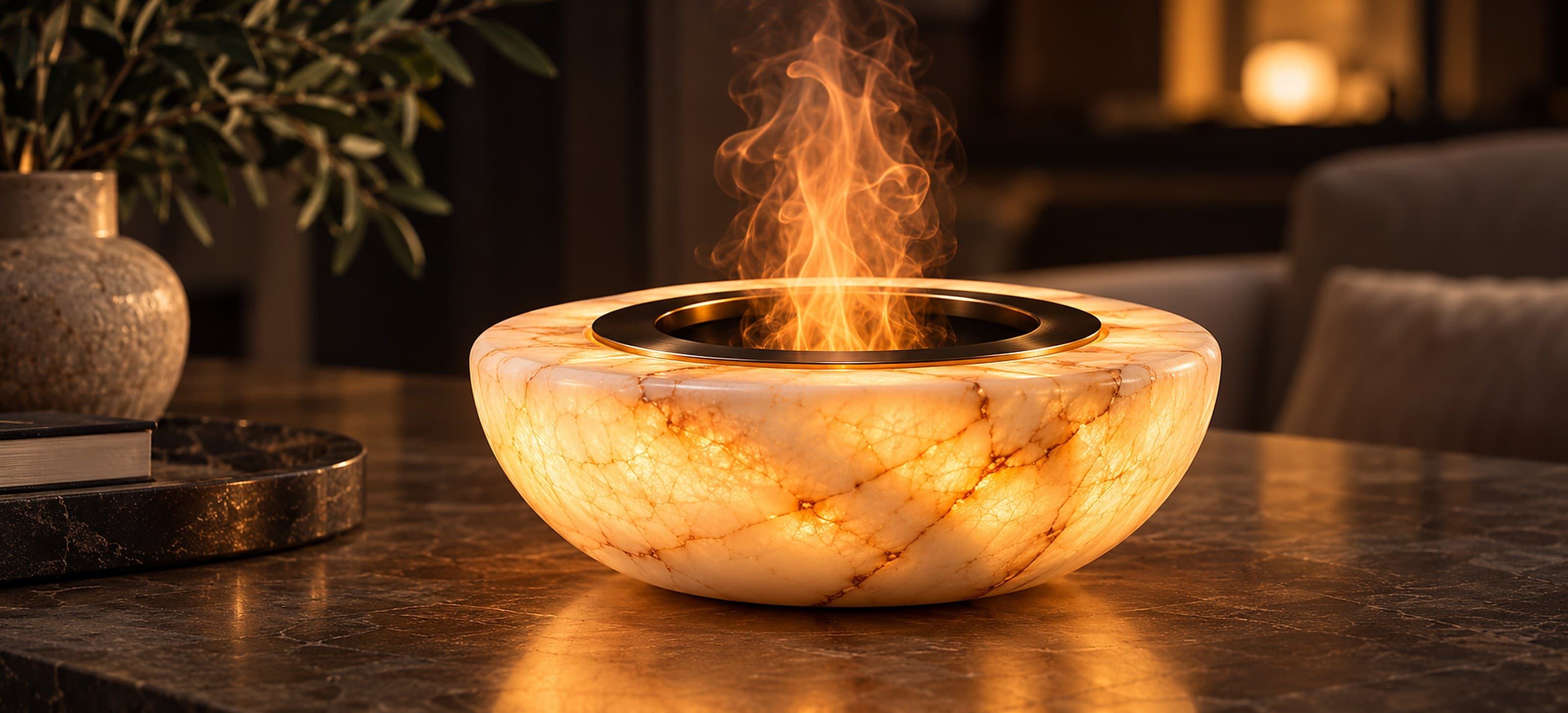 Concept render of ORUELLE in Flame + Mist mode: the veined bowl glows while amber-lit mist rises like a flame through the bronze ring.